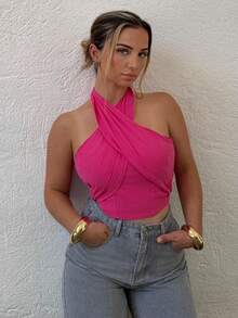 Jeta Ari Women's Summer Casual Solid Color Backless Cross Halter Neck Camisole - Hot Pink - View 1