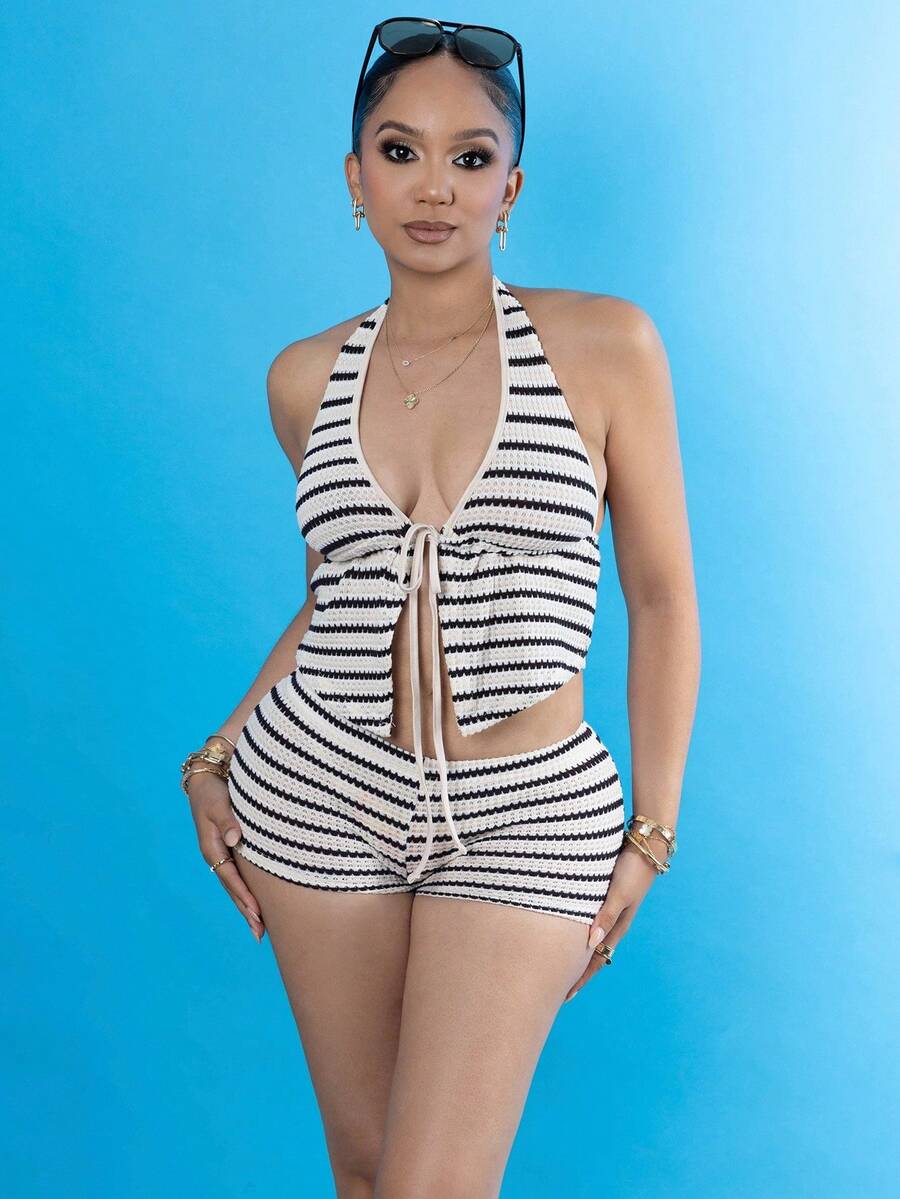 Melissa Matos 2件套低胸系带超低腰条纹迷你短裤 - 黑與白 - 查看 1