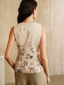 Anewsta Áo vest không tay cài nút họa tiết hoa lãng mạn thanh lịch và thời trang với thiết kế viền áo, áo khoác vest đa năng - màu nâu - Xem 2