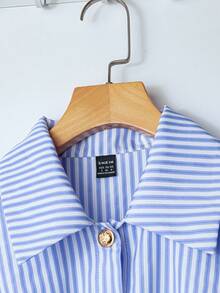 Franclia 通勤简约条纹长袖系带拼布褶皱连衣裙 - 藍色 - 查看 3