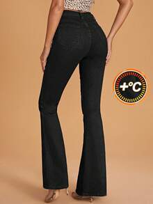 SHEIN Frenchy Quần jeans ống loe dáng ôm, màu trơn, đơn giản, thu/đông - màu đen - Xem 2
