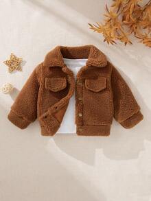 SHEIN Baby Boy Vintage Style Fleece Collar Jacket Fall Winter - Brown - View 3