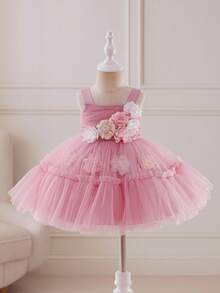 Glamorique Kids Baby Girl Sleeveless Floral Mesh Tulle Party Dress, Cute & Sweet Princess Dress, Suitable For Christening, Birthday, New Year Fall Winter