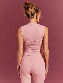 L'Amorae Women Elegant Solid Sleeveless Ruched Fitted Top - Pink - View 3