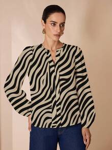 Glamance Pati Paints 斑马纹咖啡色休闲简约动物图案印花女衬衫，适合秋季通勤穿斑马纹衬衫条纹衬衫长袖衬衫女衬衫斑马上衣