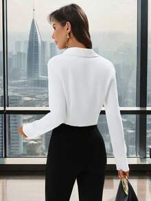 SHEIN Clasi 女士优雅通勤长袖连体裤和撞色黑色裤子两件套 - 黑與白 - 查看 5