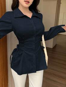 Modelyn Áo sơ mi thời trang màu trơn cổ bẻ chéo bên hông cài nút phía trước cho nữ Áo cánh màu xanh navy Áo cánh bó sát cho nữ Áo cánh tay dài Áo màu xanh đậm Áo corset - Màu xanh hải quân - Xem 5