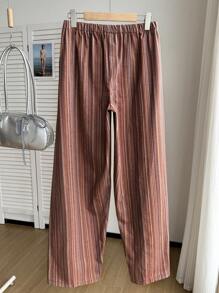 SHEIN Comfortcana Linen Textured Striped Drawstring Waist Comfortable Casual Plus Size Pants - Red - View 2
