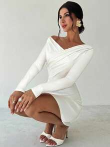 Firerie Vestido mini blanco de línea A con cuello asimétrico con volantes, elegante y minimalista, adecuado para ir al trabajo, festivales de música y vacaciones - Blanco - Ver 6