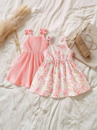 SHEIN Vintaside Kids 2入組嬰兒女童休閒細肩帶連衣裙，萬配款可愛趣味印花，適用於春/夏季，非常適合情人節