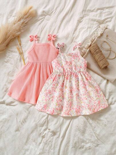SHEIN Vintaside Kids 2入組嬰兒女童休閒細肩帶連衣裙，萬配款可愛趣味印花，適用於春/夏季，非常適合情人節