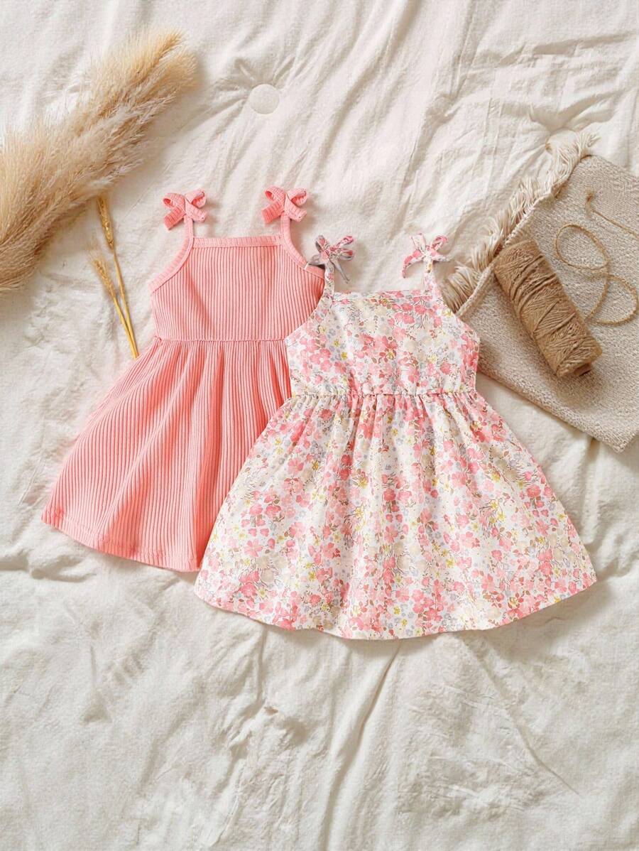SHEIN Vintaside Kids 2pcs Baby Girls' Casual Spaghetti Strap Dress With All-Match And Cute Fun Printed Floral Patterns, Suitable For Spring/Summer, Perfect For Valentine's Day