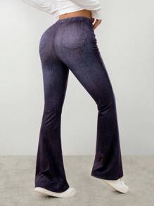 SHEIN PETITE CURVE Plus Size Non-Denim Flare Leg Pants, Denim Effect Print - Navy Blue - View 2