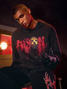 WB Horror X SHEIN Men Horror Movie Mask Pattern Hooded Long Sleeve Sweatshirt - Black - View 5