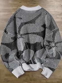 Manfinity Roghcode Áo len nam dáng rộng, vai rớt, in họa tiết toàn thân, viền tương phản, thích hợp mặc mùa thu/đông trở lại trường học. - màu đen - Xem 2