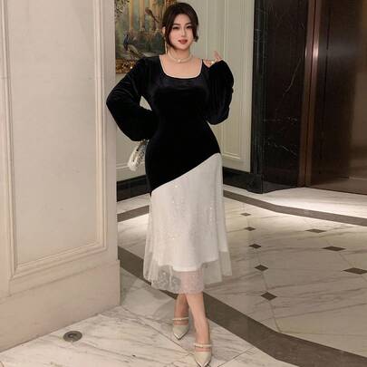 벨벳 패치워크 시퀸 쉬폰 스퀘어 넥 롱 랜턴 슬리브 핏팅 맥시 우아한 파티 드레스, 블랙, 가을/겨울