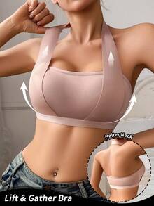 SHEIN 1pc Women's Comfortable Solid Color Strapless Wireless Bra Halter Neck Bra Bra For Small Chest - Apricot - View 1