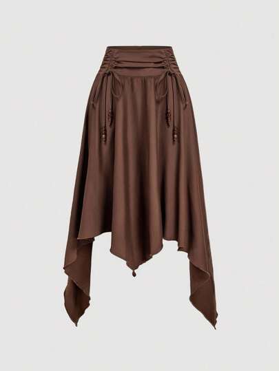 SHEIN MOD חצאית ארוכה בצבע חום עם שוליים אסימטריים ומחרוזים לנשים, סגנון רחוב אופנתי, אביב/קיץ/סתיו