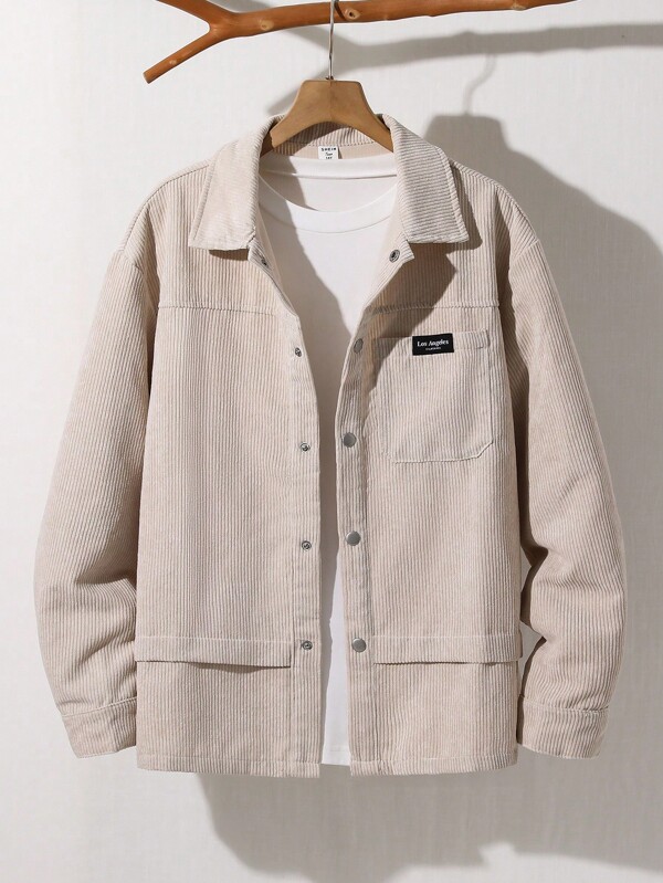 SHEIN Teenager Boys' Casual Streetwear Striped Textured Fabric Contrast Collar Splice Long Sleeve Jacket Suitable For Commuting, School, Daily Casual, Vacation, Sports, Spring/Summer Boys Beige Jacket Boys Corduroy Jacket,In Fall/Winter