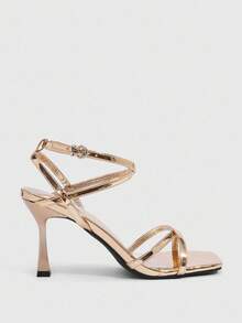 CUCCOO SZL Champagne Metallic Buckle Ankle Strap Sexy Square Toe Stiletto High Heel Sandals, Fashion For Commute, Date, Party, Holiday, Wedding