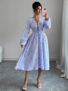 INAWLY Robe mi-longue élégante et décontractée pour femmes, avec nœud, col en V et manches lanternes. Rayures. Convient pour les voyages et les vacances, automne/hiver - Bleu azur - Voir 8