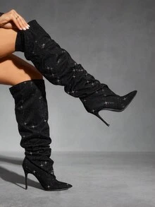 CUCCOO SZL Women's Rhinestone Pointed Toe Stiletto Heel Ruched Over-The-Knee Boots, Fashion For Dates And Parties For Christmas Spring Shoes - Black - View 2