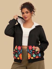 SHEIN VCAY Plus Size Floral Print Zip-Up Hoodie Sweatshirt With Front Pockets, Women Casual Outerwear For Autumn, Thermal Lined/Winter - Black - View 6