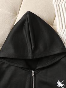 SHEIN 少女休闲针织卫衣外套，带刺绣、拉链和口袋，适合周末、休闲外出、返校、秋冬季穿着。少女拉链卫衣，带帽黑色外套，短款外套，黑色卫衣，秋季黑色拉链卫衣。 - 黑色 - 查看 6