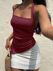 SHEIN Unity Women's Summer Casual Vacation Chiffon Fabric Asymmetrical Hem Slit Spaghetti Strap Bowknot Camisole - Burgundy - View 2
