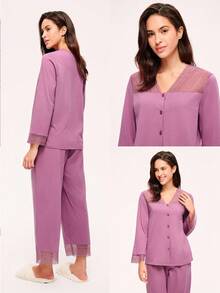 LUVLETTE Autumn And Winter Soft 100% Pure Cotton Misty Forest Style Lace Elegance Trim Button-Up Top & Pants Loungewear Women Airy Pajama Sets Pants With Pockets Romantic Living Cozy At Home Fall Pajamas Clothes - Purple - View 2
