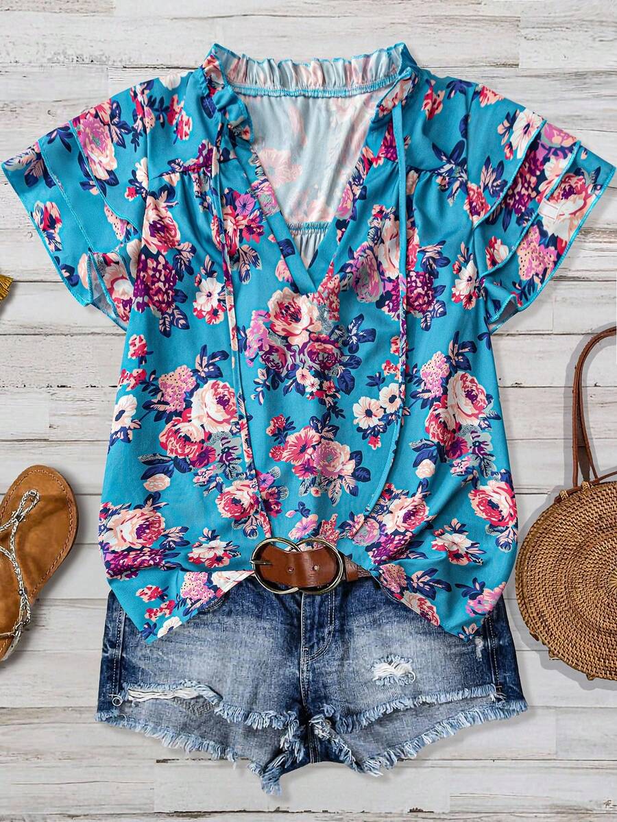 Breezaya Áo cánh tay ngắn dáng rộng cổ chữ V in hoa màu hồng dành cho nữ - Màu xanh lam - Xem 1