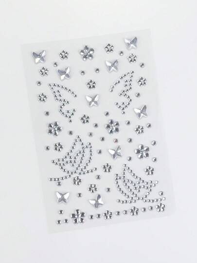 Kawaii ملصق مكياج للعين بتصميم فراشة وزهرة فضية، ملصق جواهر الراين والماس والغليتر DIY للوجه