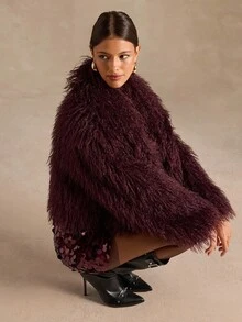 SHEIN BAE Elegant Solid Color Faux Fur Jacket, Autumn/Winter, Fur Coat Women ,Faux Fur Coat,Burgundy Fur Coat,Autumn-Winter Fur Coat - Red Violet - View 7