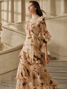 SHEIN Unity 女士秋季法式浪漫荷叶边下摆连衣裙 - 彩色 - 查看 3