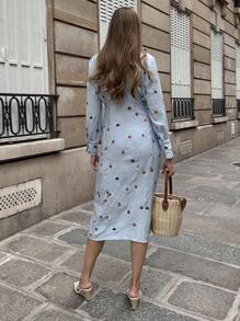 Chiquease New Embroidered Pleated Waist Casual Versatile Slim Fit Dress Fall Cloth For Women - Blue - View 2