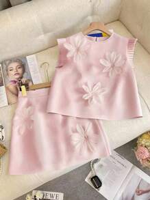 SHEIN Unity 大码女式圆领纯黑色 3D 花卉装饰盖袖上衣和高腰 A 字形 3D 花卉装饰迷你裙两件套西装，优雅时尚 - 粉色 - 查看 1