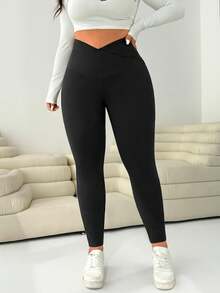 Solflare Plus Size Women Black Casual Minimalist Versatile Commute Solid Color Overlap High Waist Elastic Skinny Leggings,Fall Clothes For Women