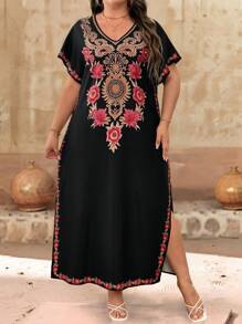 EMERY ROSE Plus Size Women Floral Print V-Neck Short Sleeve Loose Casual Dress