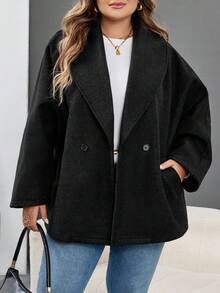 SHEIN CURVE+ Abrigo negro elegante con solapa para mujer de talla grande, de manga larga y versátil, adecuado para otoño/invierno - Negro - Ver 6
