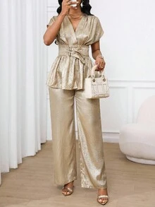 SHEIN Lady Women's Two Pieces Suits Elegant Gold Hot Stamping Fabric Tops And Wide-Leg Pants Casual Suits,Summer Holiday Dinner Business Casual 2025 New Style - Khaki - View 3