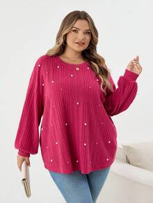 SHEIN CURVE+ Plus Size Autumn Pearl Detail Ribbed Knit Long Sleeve Top/Autumn /Winter - Hot Pink - View 5