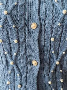 Modelyn Cardigan tricotat cu un singur rând de nasturi și mâneci scurte, cu mărgele și frânghie răsucite pentru femei - Dusty Blue - Vizualizare 3