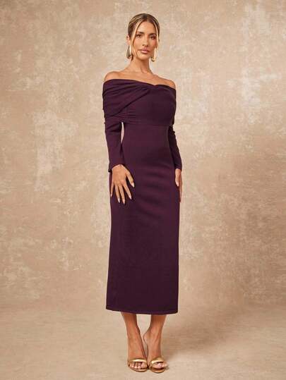 Lumalex 秋冬季聚会宴会低调奢华闪耀节日派对狂欢节郊游度假热门户外层次丰富的婚礼季宴会女士优雅纯色露肩扭结针织连衣裙奢华舞会圣诞节新年