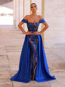 Glamrae 优雅奢华蓝色亮片刺绣缎面露肩落袖长裙，正式晚礼服 - 藍色 - 查看 8
