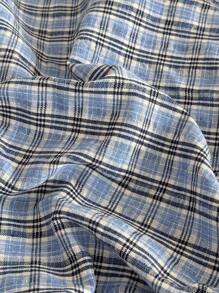 青少年女孩休闲宽松复古学院风长袖衬衫（蓝白配色），返校季 - 藍色 - 查看 4