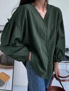 DAZY 女士纯色透气舒适轻薄灯笼袖单排扣衬衫秋季上衣长袖上衣 - 墨綠色 - 查看 3