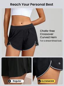 GLOWMODE Pantaloncini da running a delfino in rete ultra traspirante, con spacco anti-sfregamento, coulisse, tasche, riflettente, per allenamento di impatto medio, palestra, estate, notte - nero - Visualizzare 5