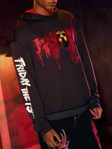 WB Horror X SHEIN Men Horror Movie Mask Pattern Hooded Long Sleeve Sweatshirt - Black - View 4