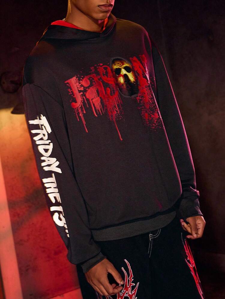 WB Horror X SHEIN 男式恐怖电影面具图案连帽长袖卫衣 - 黑色 - 查看 4