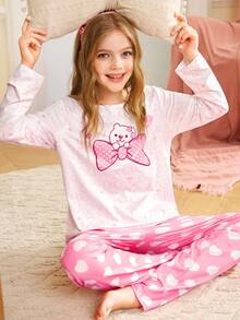 可爱蝴蝶结和心形撞色印花 INS 风格女孩睡衣 - 彩色 - 查看 4